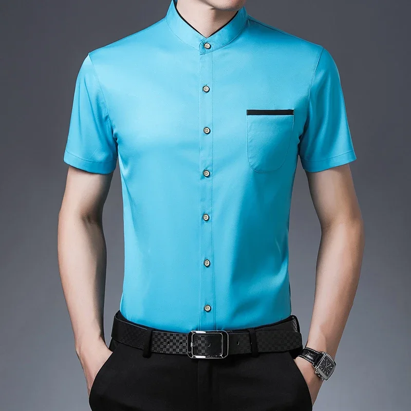 Men's Business Casual Short Sleeved Shirt No Iron and Wrinkle Resistant Top