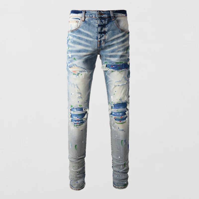 Street Fashion Men Jeans Retro Blue Stretch Skinny Fit Painted Ripped Jeans Men Buttons Fly Patched Designer Hip Hop Brand Pants