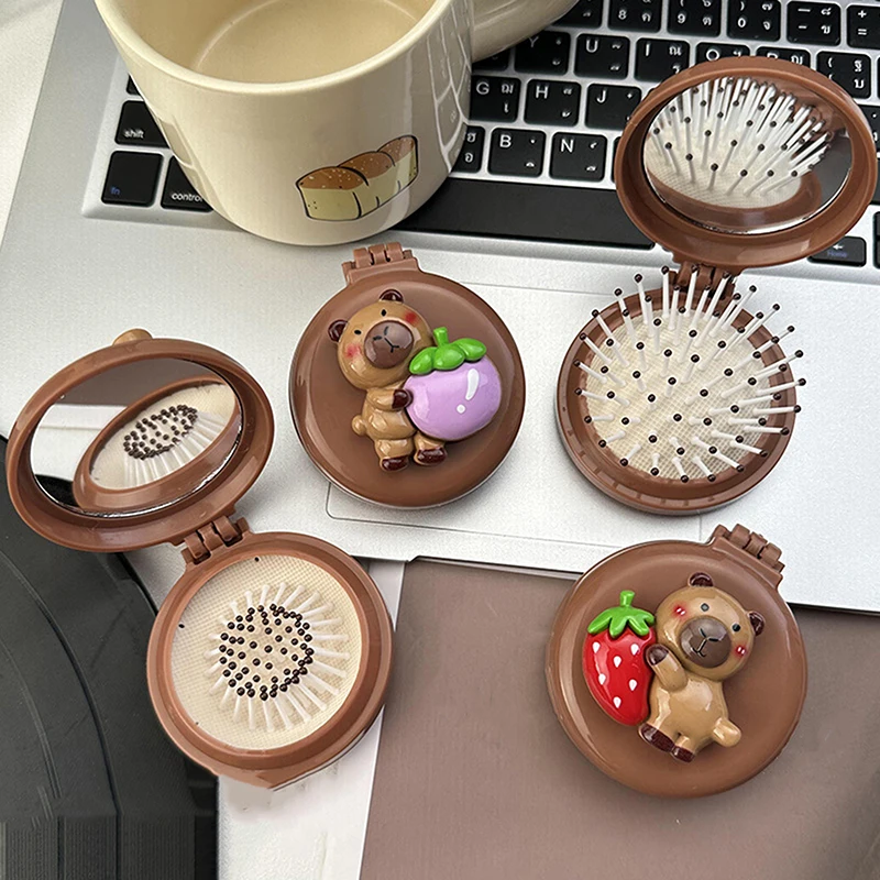 Capybara Folding Massage Comb With Mirror Head Massage Airbag Comb Anti-Static Portable Travel Girl Hair Combs Styling Tool 3