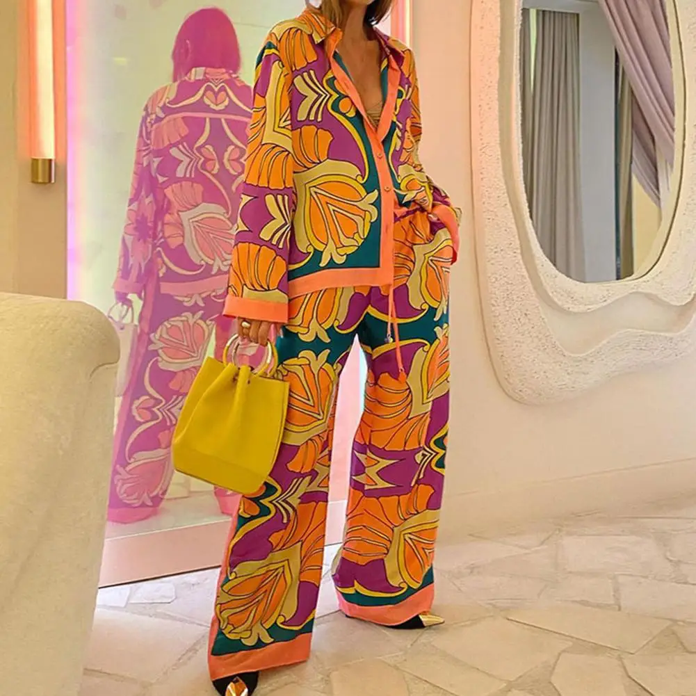 

Youth Vacation Top Trousers Set Vibrant Ethnic Style Ladies Shirt Pants Suit Wide Leg Exaggerated Pockets High Elastic Waist