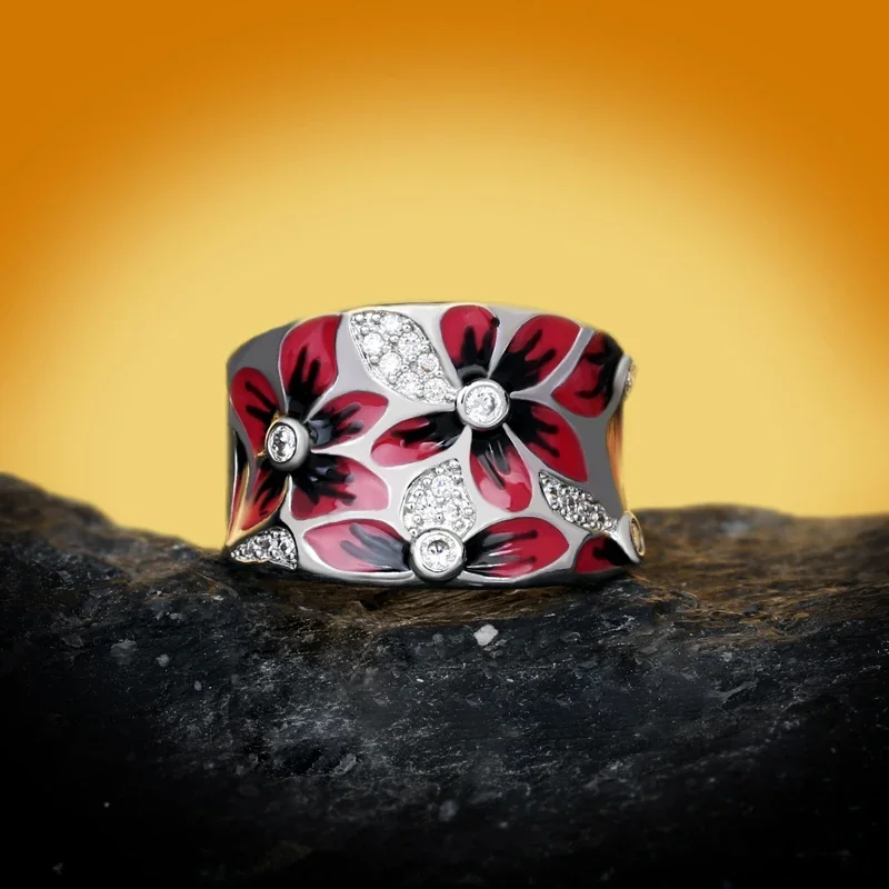 Red Flower Women's Handmade Enamel Ring Wedding Bridal Ring Party Jewelry wedding rings,rose flower ring
