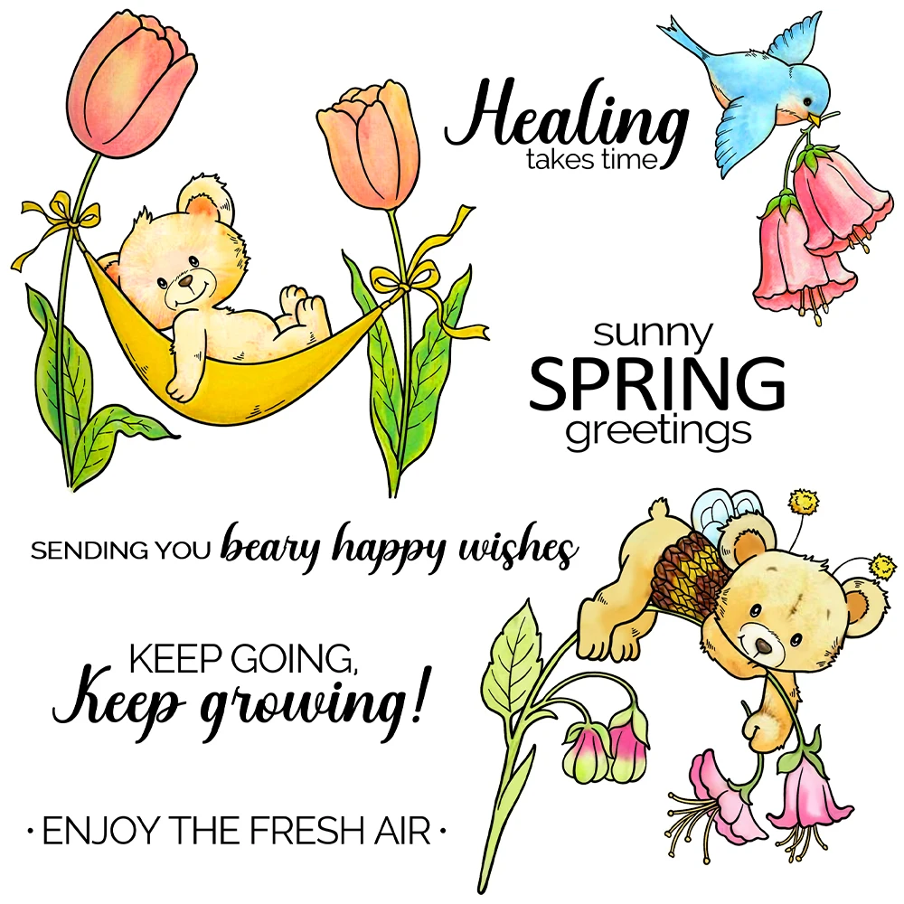 

Mangocraft Cute Doll Bears In Spring Day Cutting Dies Clear Stamp DIY Scrapbooking Metal Dies Silicone Stamps For Cards Albums