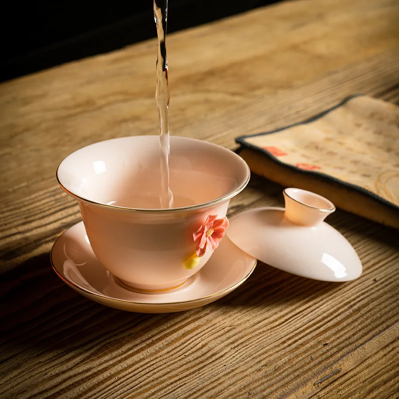 Flower Language Covered Bowl Hand Pinched Flower Bubble Tea Bowl for Girls Girlfriend Gift Ladies Chinese Kung Fu Tea Set