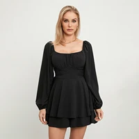 Women´s Spring Summer Loose Shorts Jumpsuit Solid Color Lantern Long Sleeve Square Neck Ruched Ruffled Playsuit - Image 4