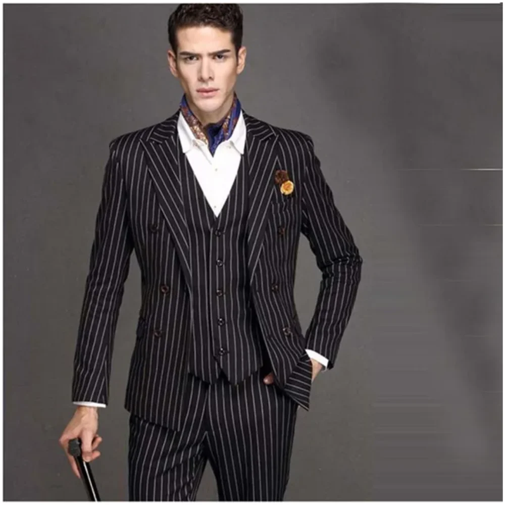 

Latest Black White Stripe Men Suit Slim 3Piece Tuxedo Groom Suits Custom Made Prom Blazer Terno Masculino(Jacket+Pant+Vest+Tie)