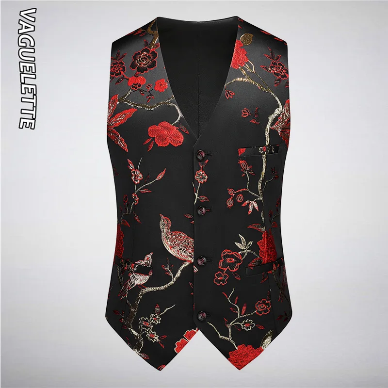 VAGUELETTE Embroidered Floral Pattern Vest For Men Suit Jacket Wedding Party Stage Elegant Wear For Men Top