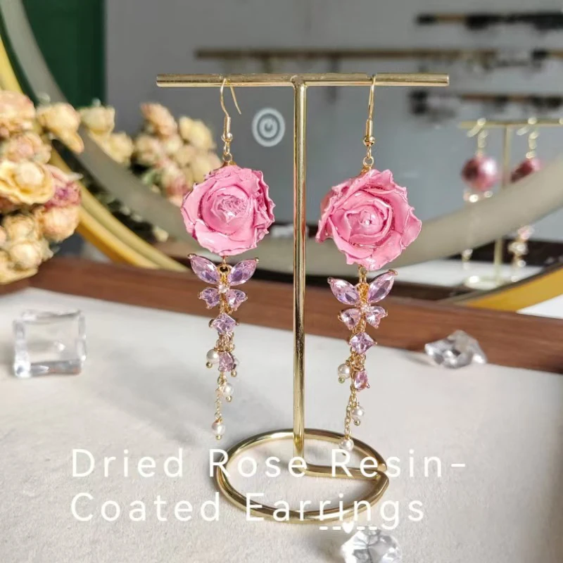 Elegant Immortal Rose Long Earrings Epoxy Resin Real Rose Flower 18