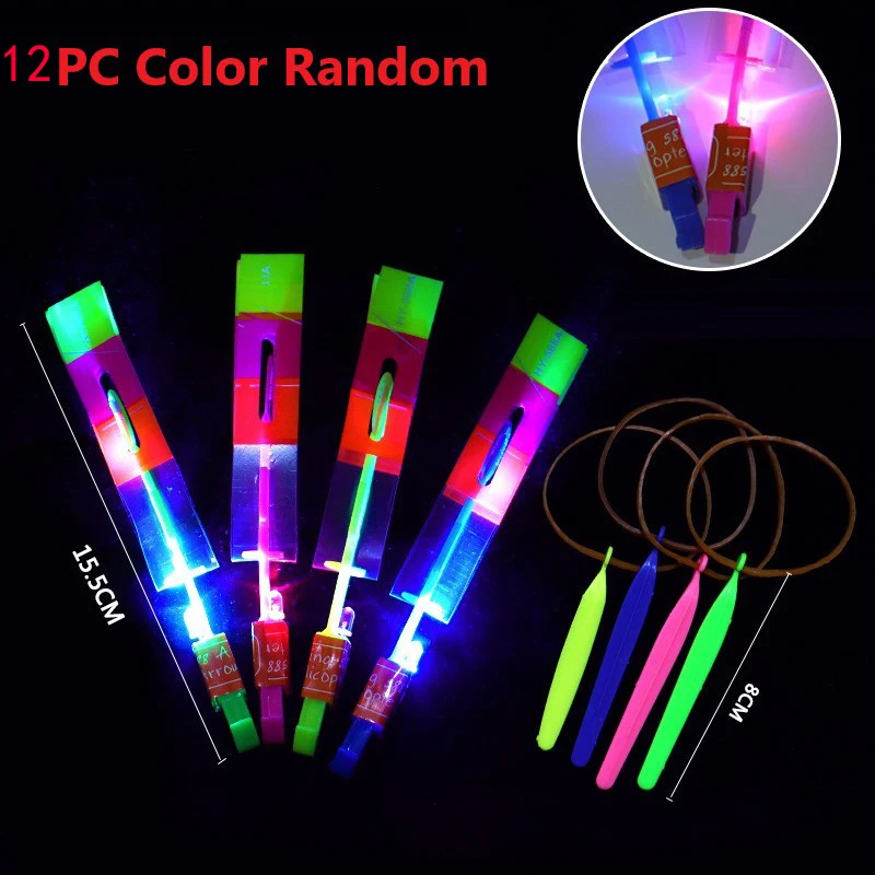 

12pcs Creative Amazing Light Flying Toy Arrow Helicopter Flying Toy LED Light Toys Party Fun Gift Rubber Band Kids Gifts
