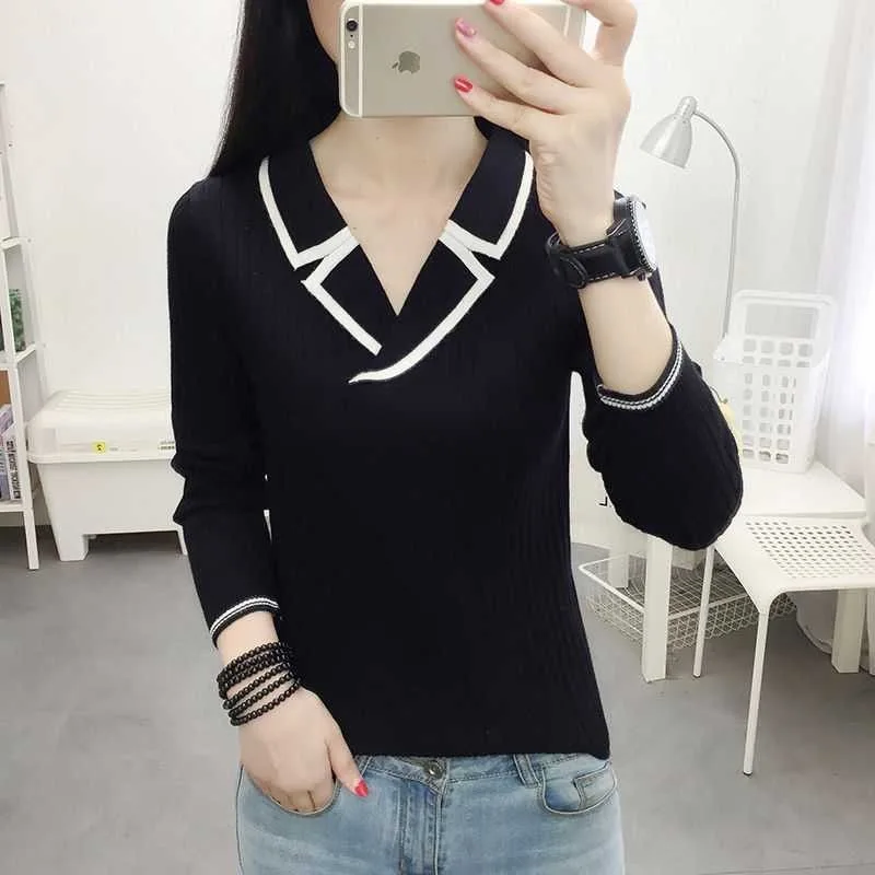 Autumn and winter style women's color-blocked long-sleeved knitted pullover, women's casual V-neck slim-fitting versatile knitte