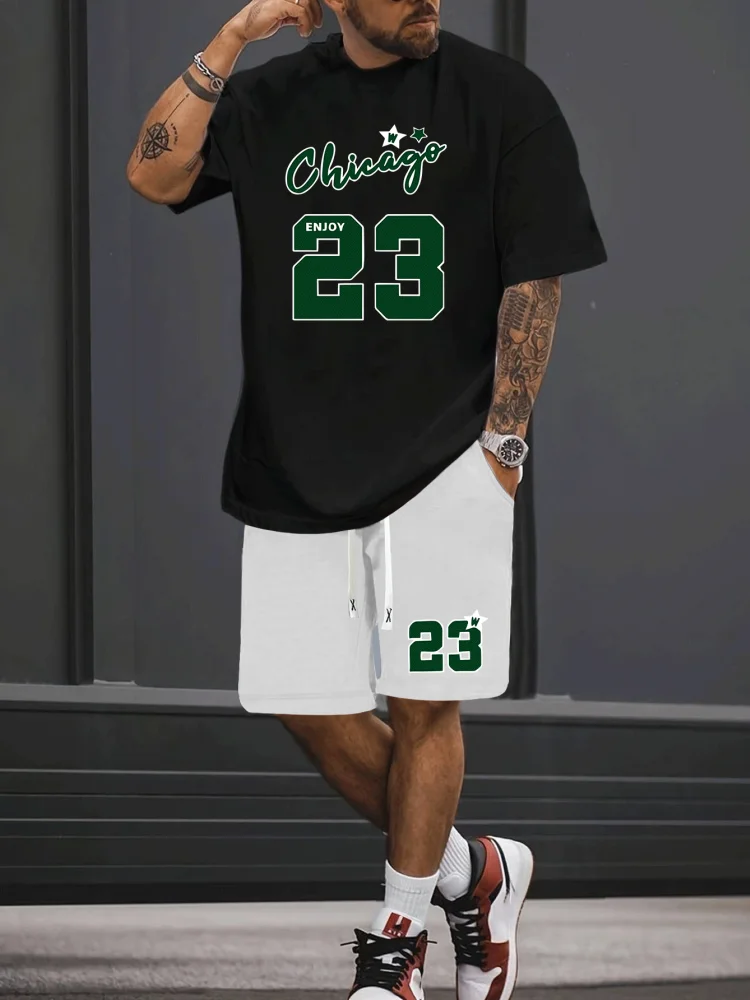 Männer Nr. 23 Gedruckt Set 2 Stück Set Männer T-Shirt Shorts Hosen Anzug Beiläufige Kurze Trainingsanzug Vintage Outfit Sportswear Männliche Kleidung – Detail 12