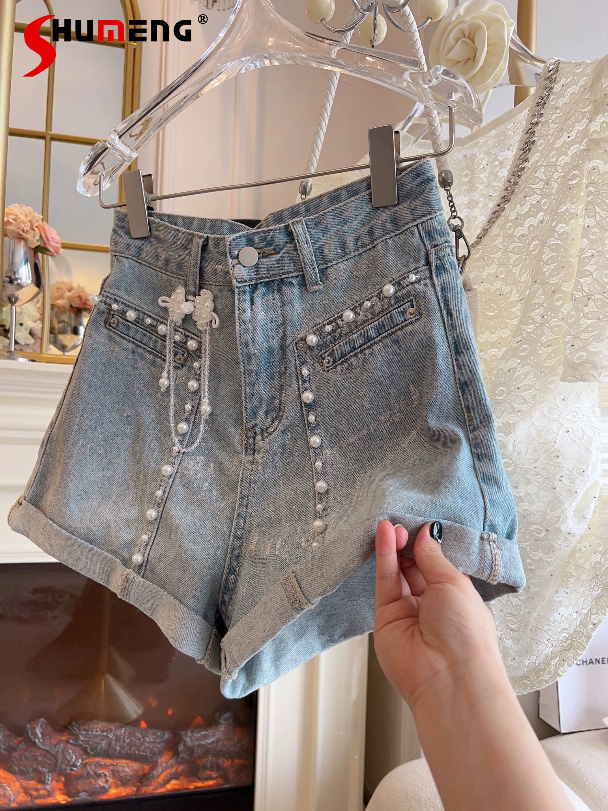 

Шорты джинсовые облегающие Женские с завышенной талией, элегантные штаны с широкими штанинами, со стразами, лето 2024