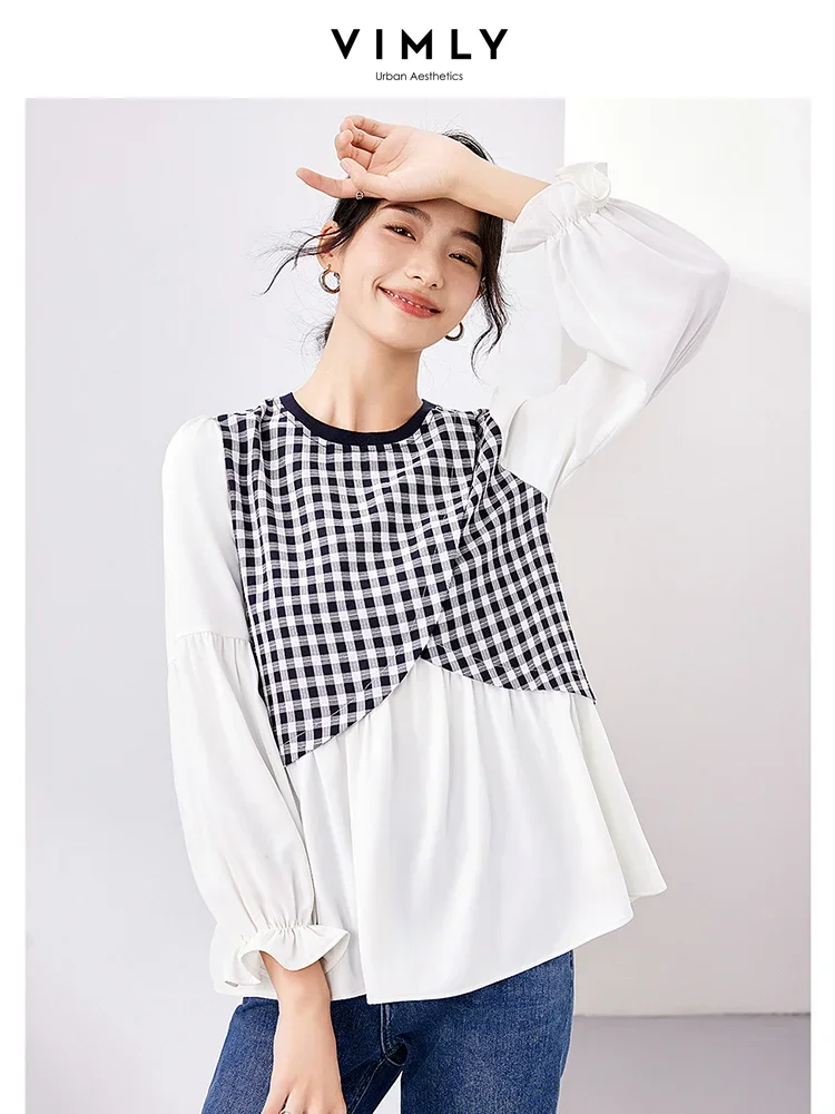 Vimly Elegant Patchwork Plaid White Chiffon Blouses for Women 2023 Autumn Pullover Fake Two Piece Flare Long Sleeve Tops M2708