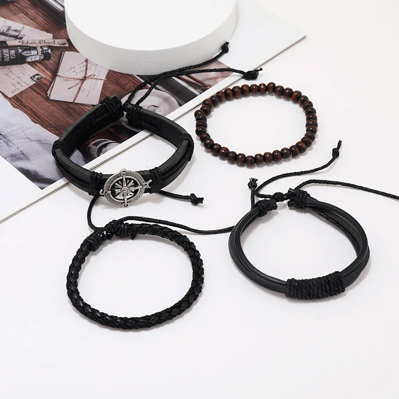 4Pcs/ Set Braided Wrap Leather Bracelets for Men Vintage Life Tree Rudder  Charm Wood Beads Ethnic Tribal Wristband Rope Bracelet - AliExpress