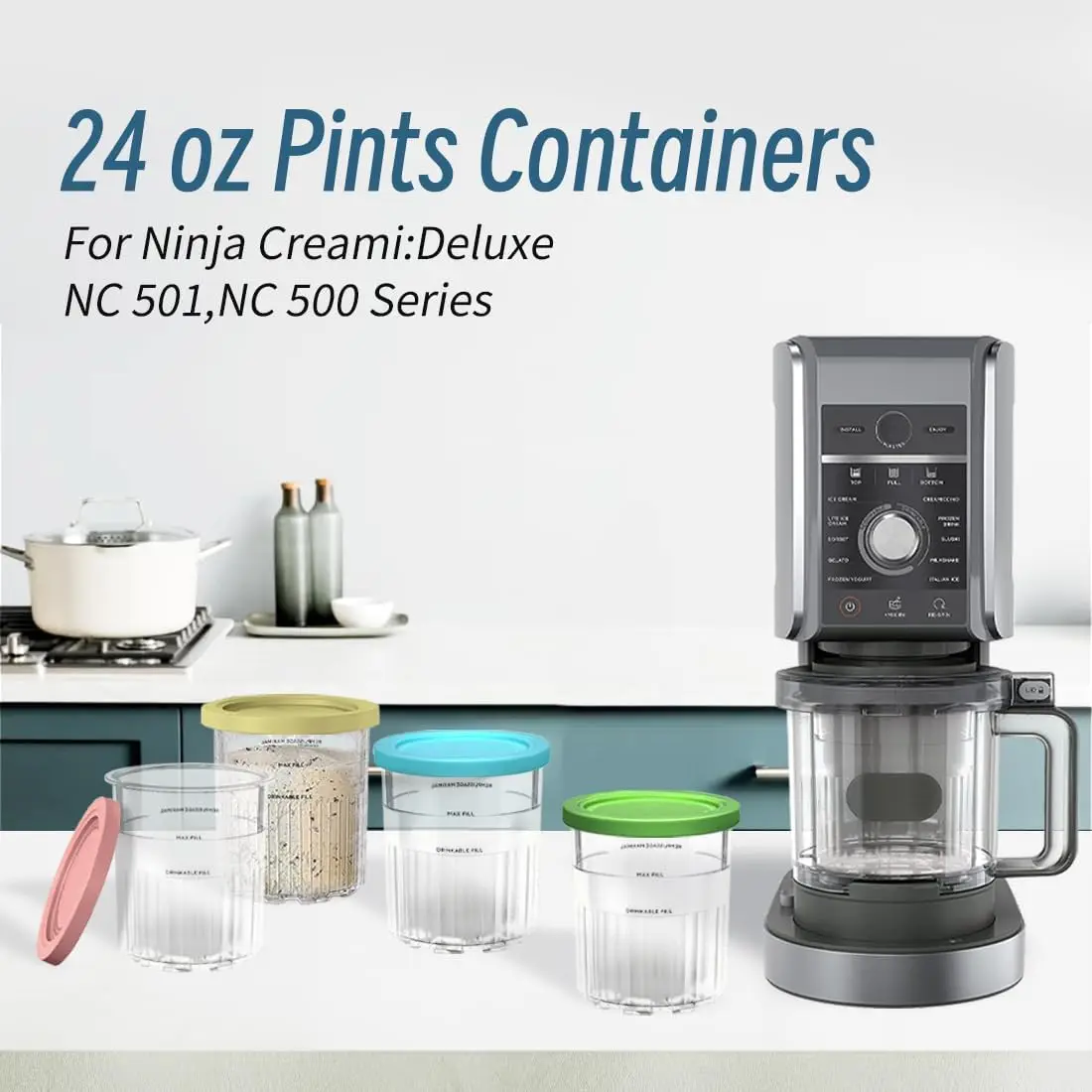 Pints 4 Pack 24oz For Ninja Creami Deluxe 11-in-1 XL Family Size NC500/NC501 Dishwasher Safe BPA-Free Leak Proof Assorted Colors ice cream container