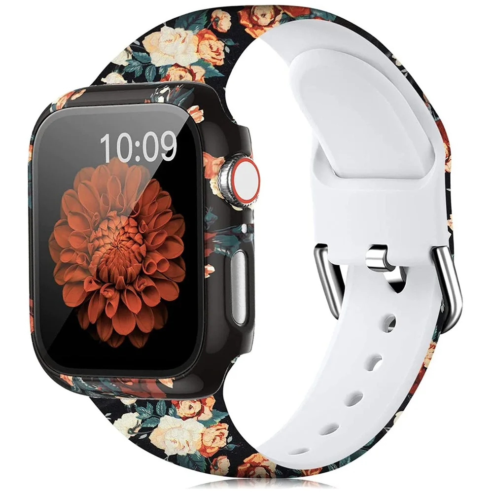 Glass+Cover+Strap for Apple Watch Case 44mm 40mm 41mm 45mm 42mm 38mm sport Silicone bracelet iwatch series 9 8 7 6 5 4 3 SE Band