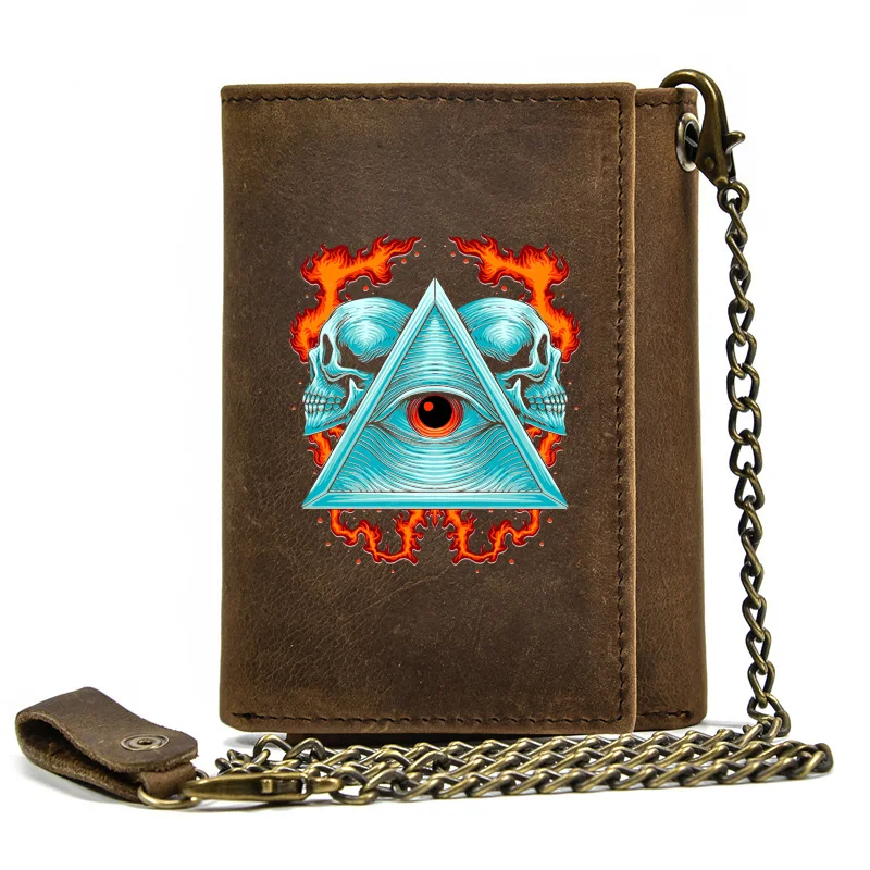

Genuine Leather Men Wallet Anti Theft Hasp With Iron Chain Eye of God Fire Skull Cover Card Holder Rfid Short Purse