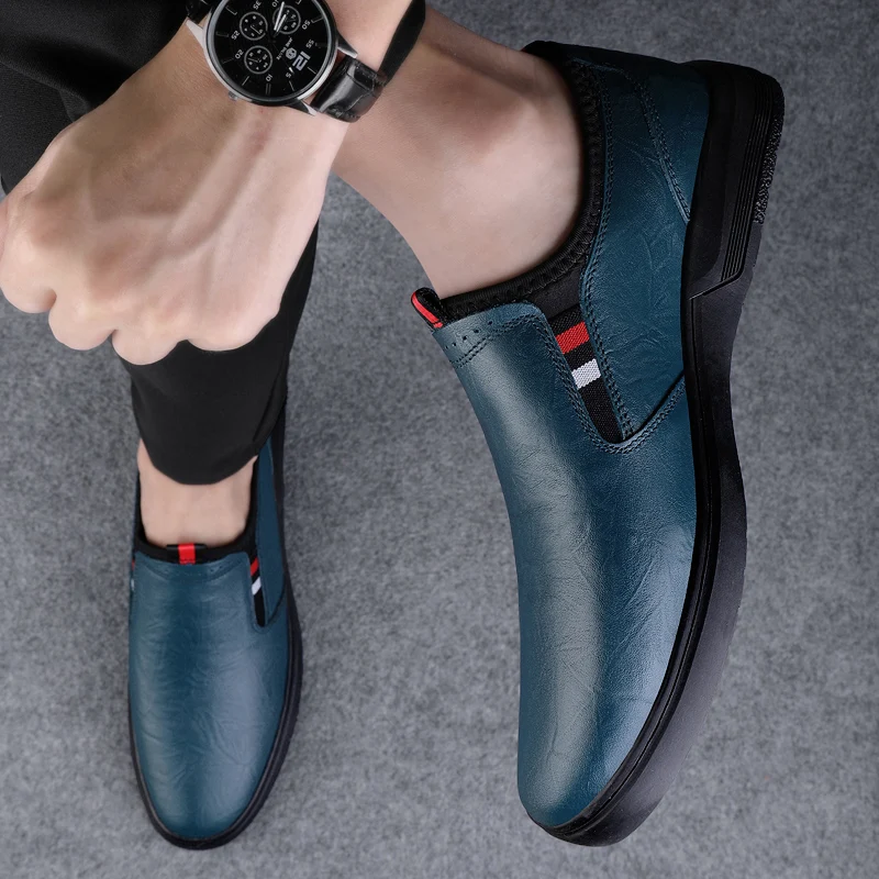 Blue Business Leather Shoes Casual Shoes for Men Slip-on Loafers Soft Italian Style Flats Super Light Moccasins Plus Size 37-46