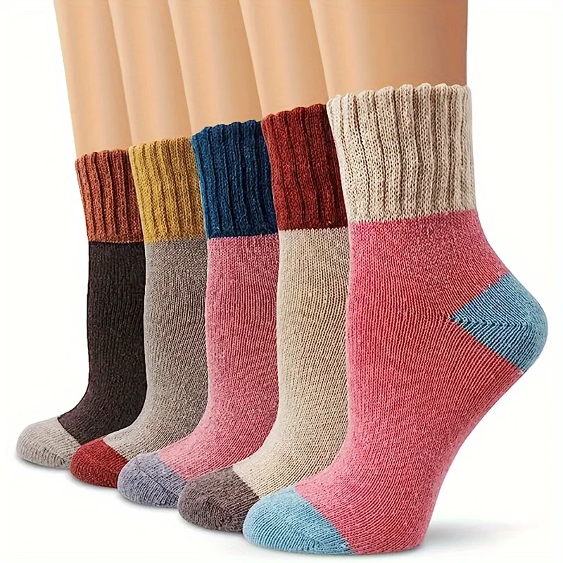 5Pairs Winter Warm Socks Thickened Knitted Thermal Crew Socks Fashion Anti-Cold Breathable Elastic Men Women Outdoor Sport Socks
