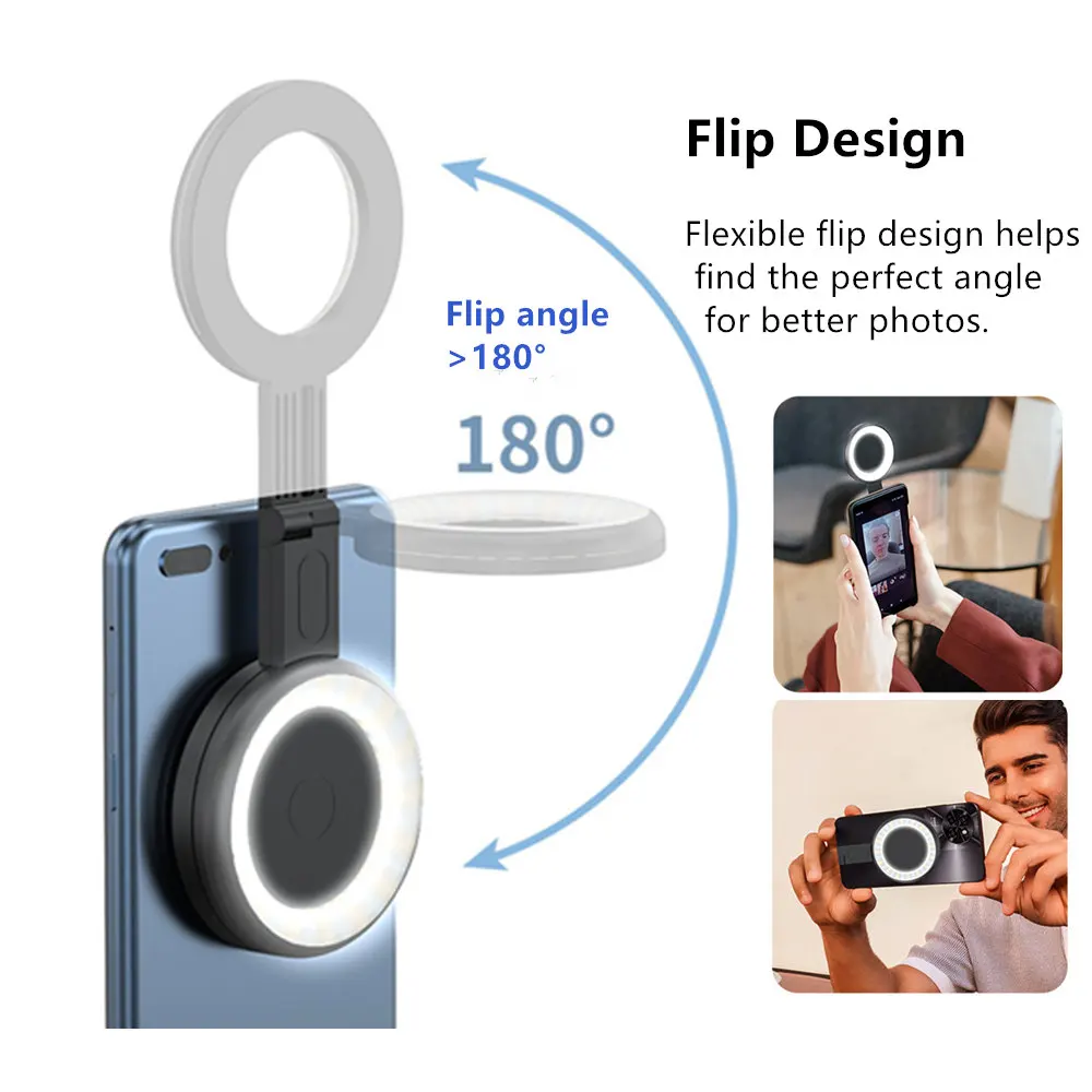 MagSafe 사진 셀카 링 라이트 필 라이트, 조절식 2 색 180 플립 폰 마그네틱 브래킷, 아이폰 15, 14, 13, 12 프로용