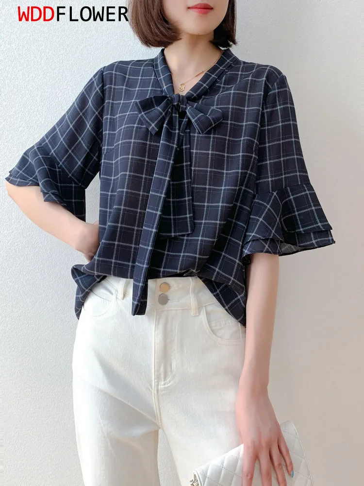 

Women Silk Shirt 100% Mulberry Silk 16 momme Butterfly Sleeve Bow-tied Neck Navy Checked Printed Top Blouse office work MM537