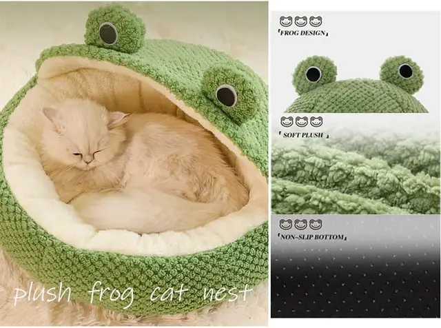 Pet Bed for Small Dogs Cats, Winter Warm Plush Round Puppy Bed Green Cartoon Frog Design Dog Nest Cat Basket 5
