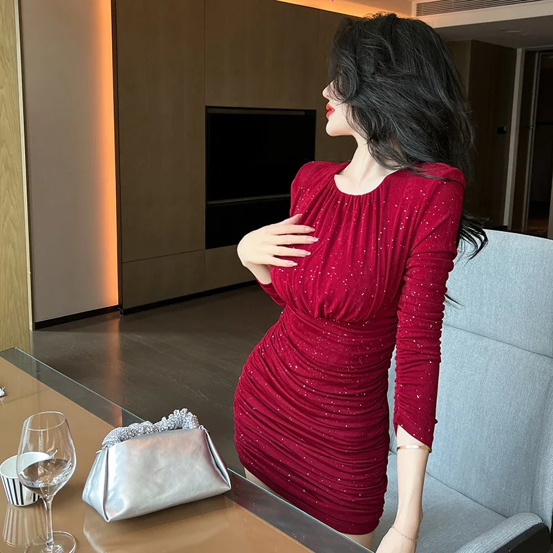 

Autumn New 2023 Vietnamese Women's Round Neck Bronzing Pleated Slim-Fit Hip Dress 9587