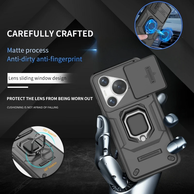 Shockproof Armor Phone Case with Slide Camera Lens Protector and Built-In Ring Stand