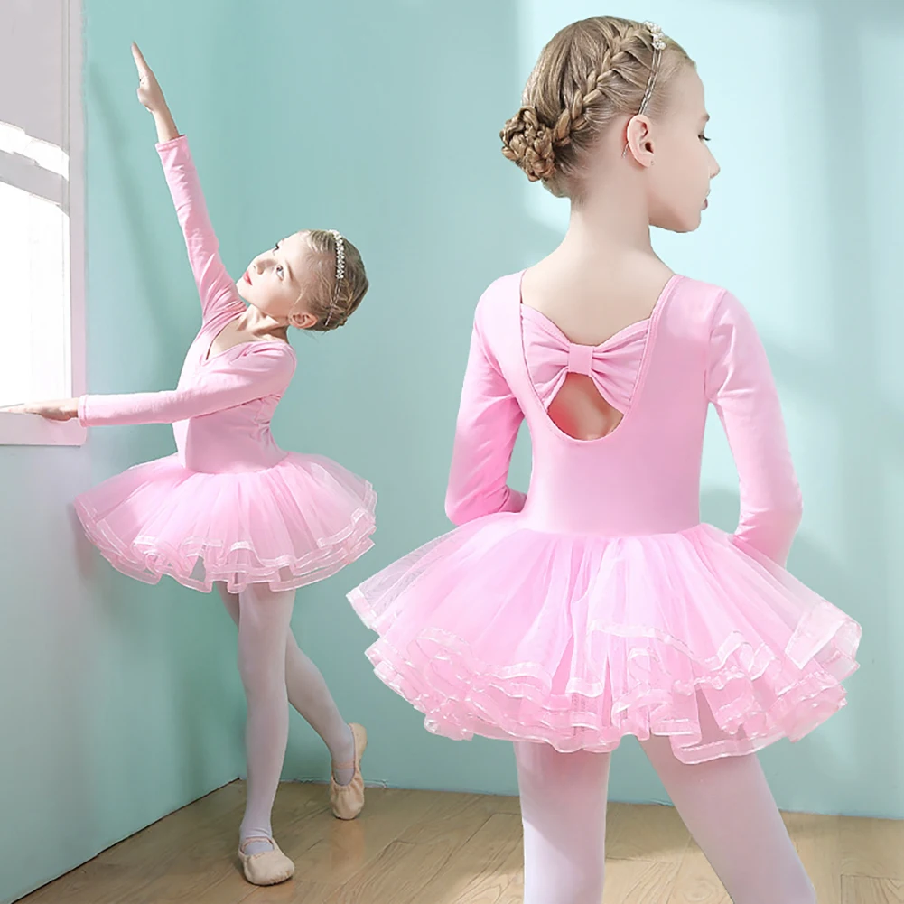 Girls' Cotton Dance Dress Bow Backless Ballet Pompadour Skirt Integrated Open Training Dress Dance Clothes