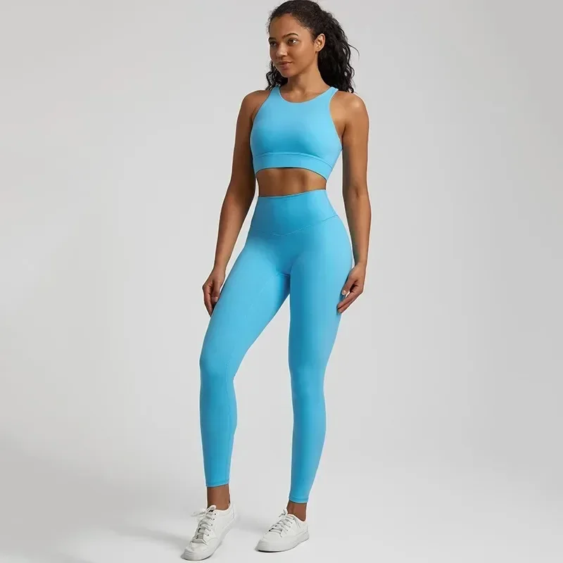 Lemon Gym Yoga Set Tight Leggings Sports Fitness Cross Back Buckle Gym Bra Top 2pc Suit Comprehensive Training Jog Women