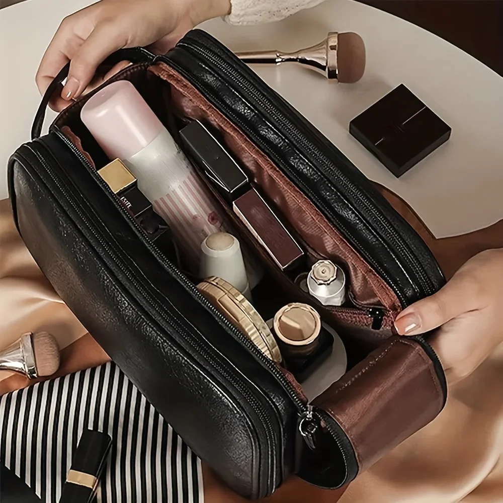 Leather Travel Toiletry Bag | Large Wash Bag For Men | Grooming & Makeup Organizer Case | Vintage Style