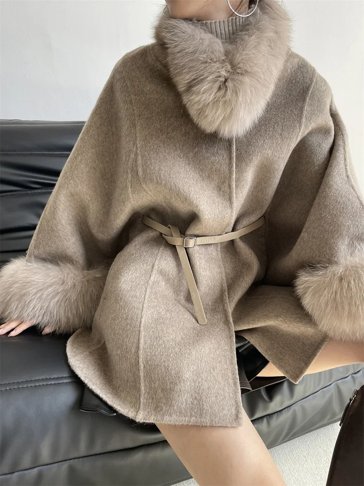 

[EWQ] Women Overcoat 2023 Autumn Winter High Quality Warm Double Sided Woolen Coat Cloak Fox Fur Collar Cashmere Outerwear U690