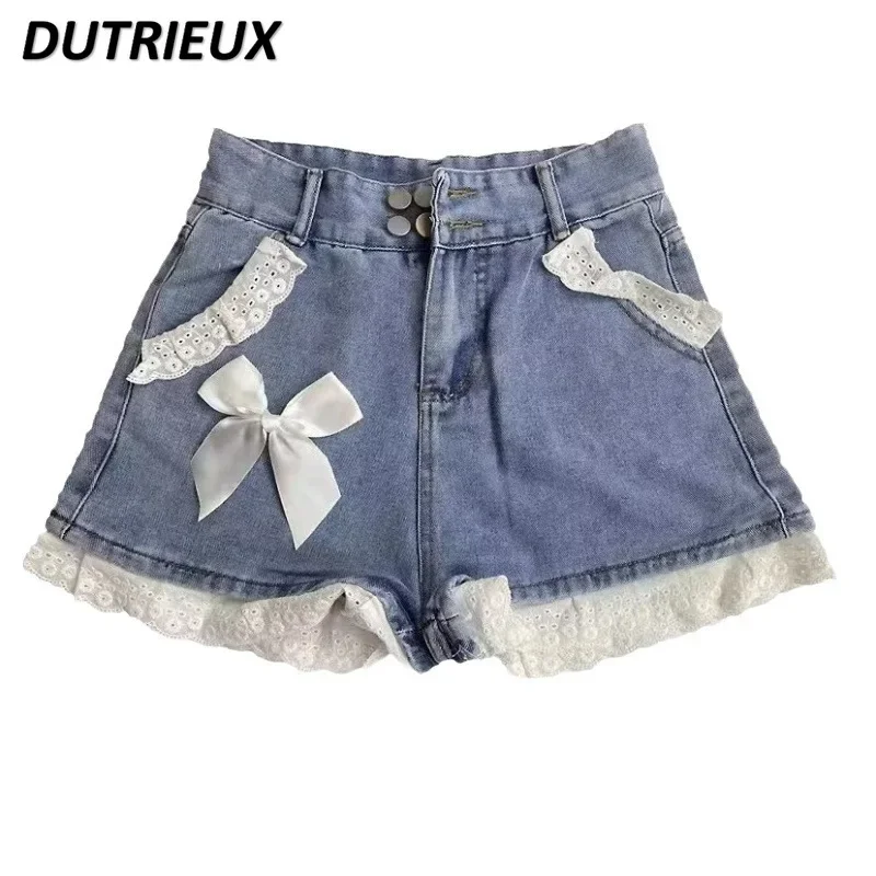 Lace Fashion Denim Shorts Female Cute Sweet Hot Girl Bow Summer Women's Casual High Waist Short Pants for Lady 2024 New