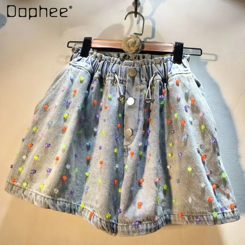 

Streetwear Light Blue Beaded Drawstring Short Jeans 2023 Summer New Handmade Letters High Waist Slimming Wide-Leg Denim Shorts
