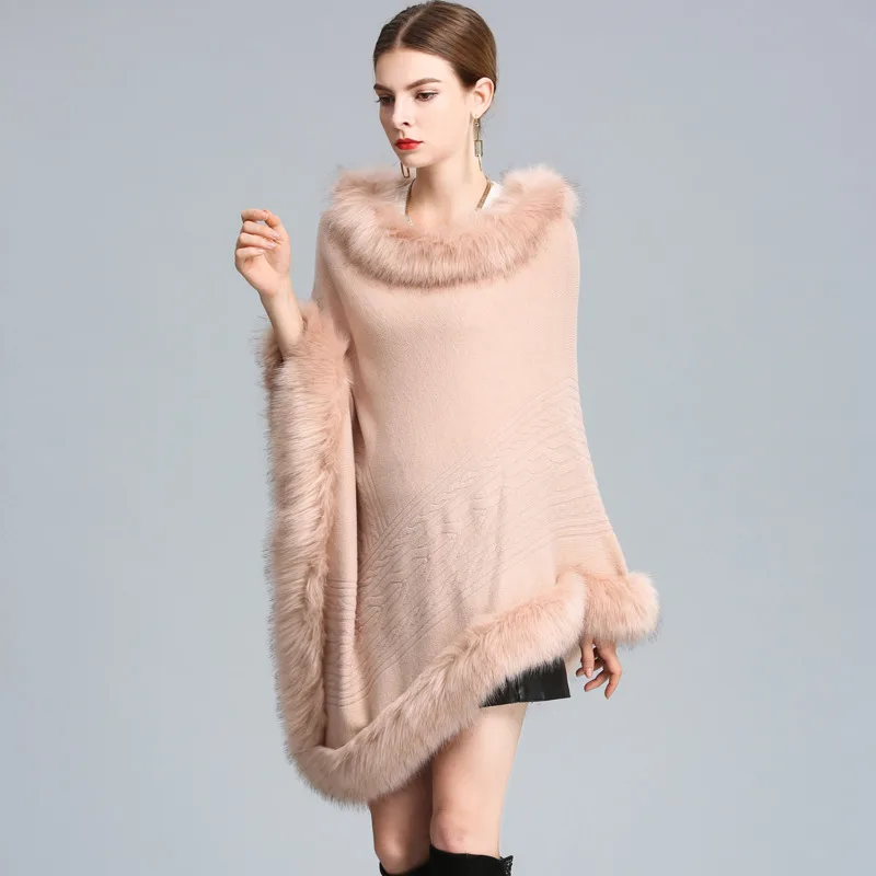 

#1170 Winter Long Ponchos And Capes Fur Collar Loose Solid Color Asymmetrical Shawl Batwing Sleeve Outerwear Pullover Poncho