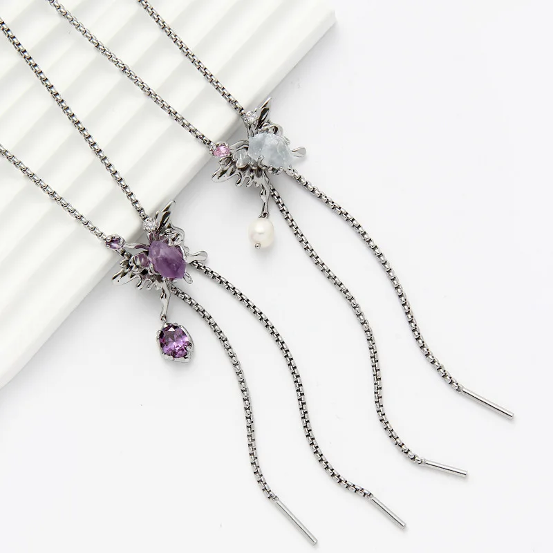 

LONDANY necklace Pullable butterfly sweater chain multi-wear necklace colorful stone three-dimensional pearl zircon sweater