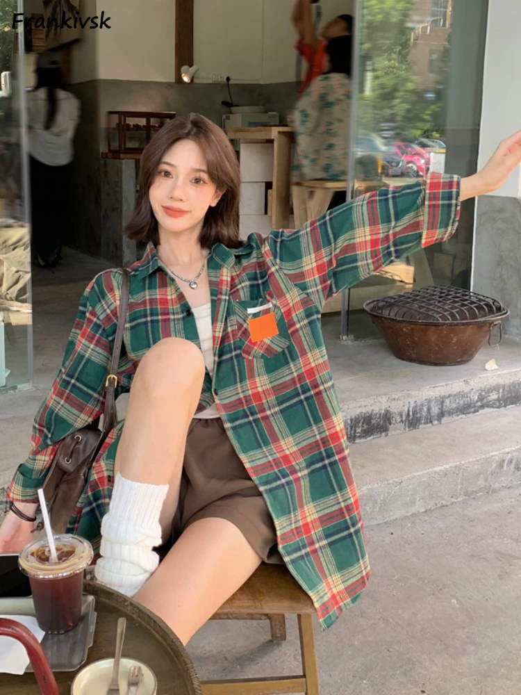 

Shirts Women Hotsweet Contrast Color All-match Retro Korean Style Long Sleeve Temperament Simple Hipster College Clothing Summer