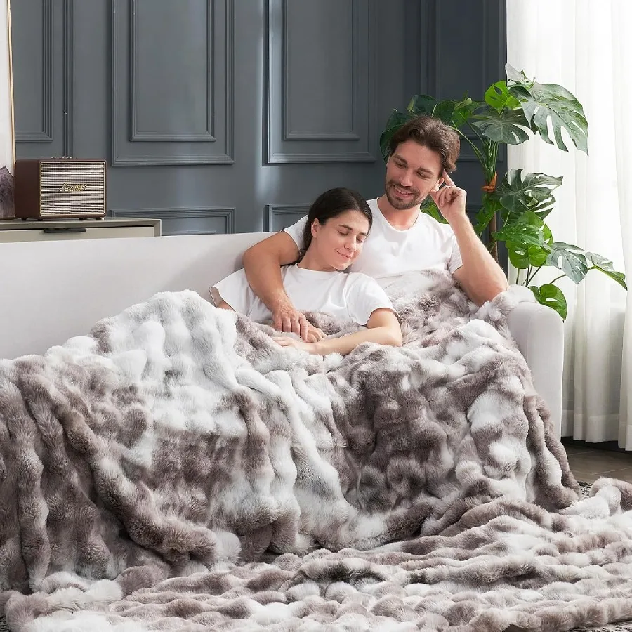 Faux Fur Throw Blanket for Couch Fuzzy Soft Plush Thick Bubble Blanket for Sofa Bedroom Living Room 108 90 Inches Tie Dye Taupe