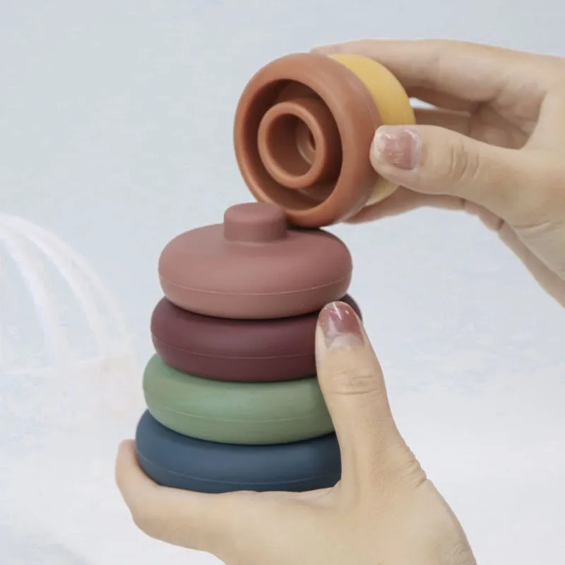 7pcs/set Baby Toy Building Blocks Silicone Stacking Blocks Round Shape Silicone Construction Toy Rubber Teethers Montessori