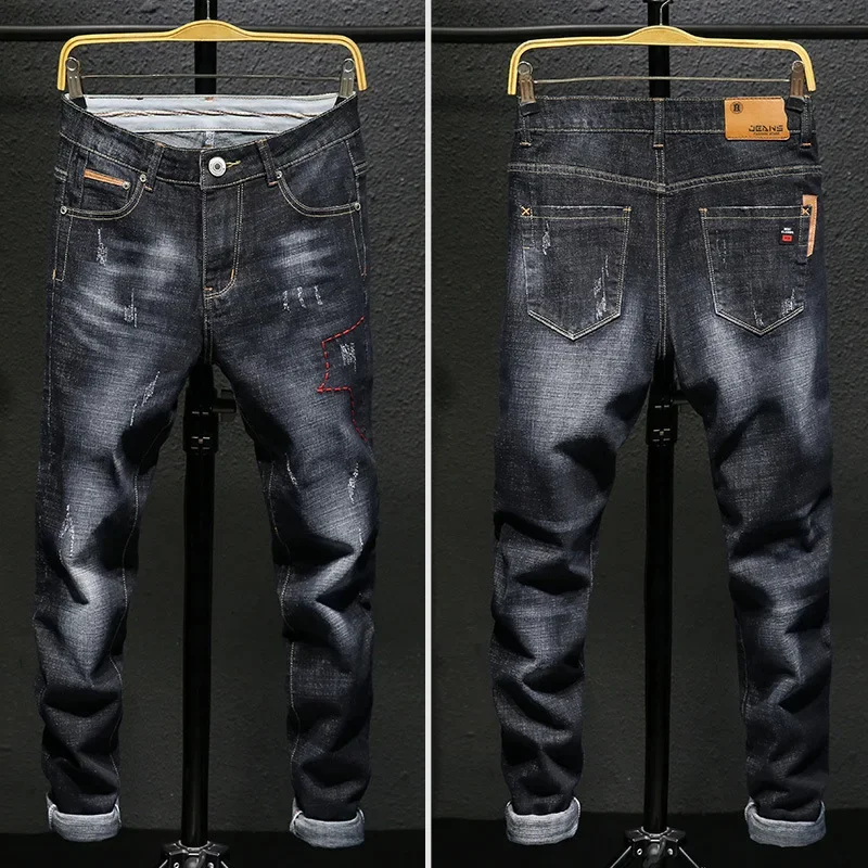 남성용 스트레치 슬림핏 청바지, 다크 블루 스키니 청바지, 캐주얼 레트로 데님 바지, 한국 스타일 스트리트웨어, 남성 브랜드 바지