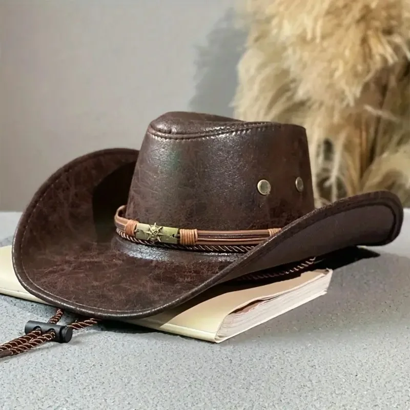 Men Women Beach Hat Western Style Cowgirl Hat Stylish Belt Design PU Wide Brim Sun