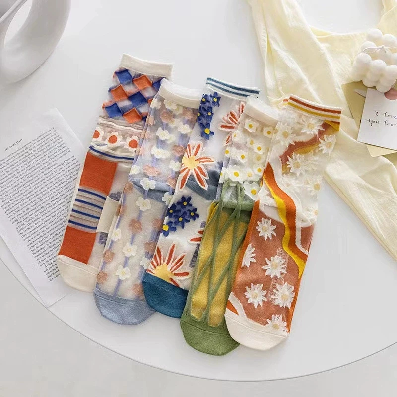 5 Paare/paket frauen Mitte Der Wade Spitze Trim Baumwolle Mesh Atmungsaktive Dünne Glas Seide Kristall Kleine Blume Rebe socken Dropship – Detail 15