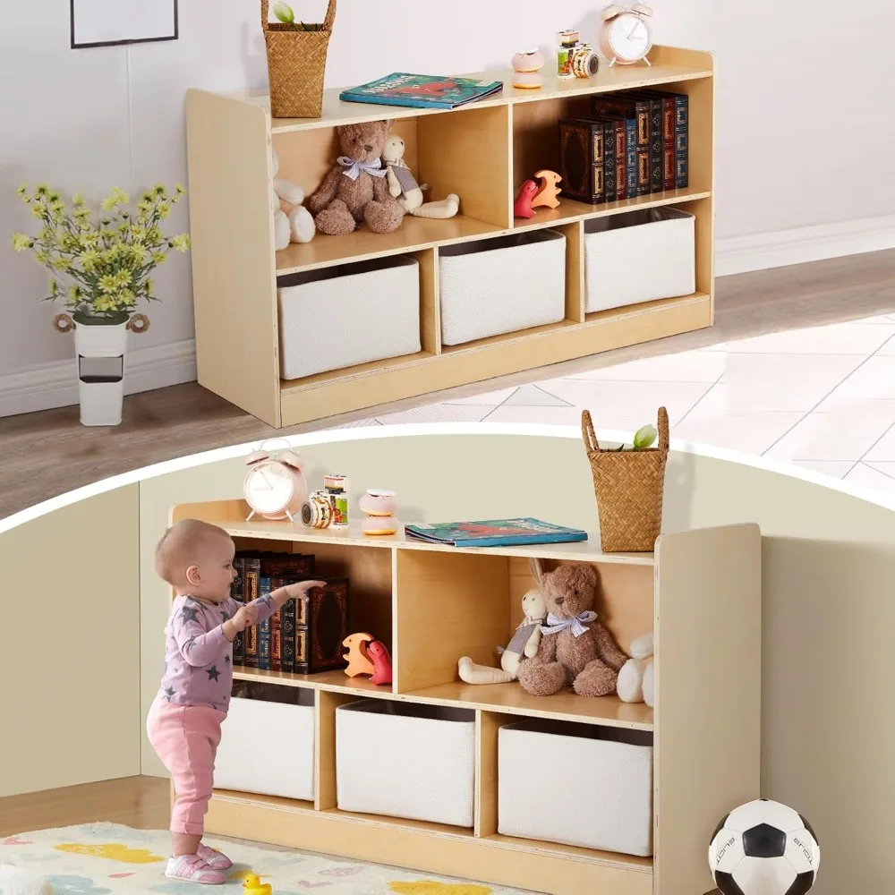 Shelf with Storage Boxes, Wooden Toy Storage Organizer for Books Toys, 2 Shelf Bookcase, 5-Section Storage Cabinet 6