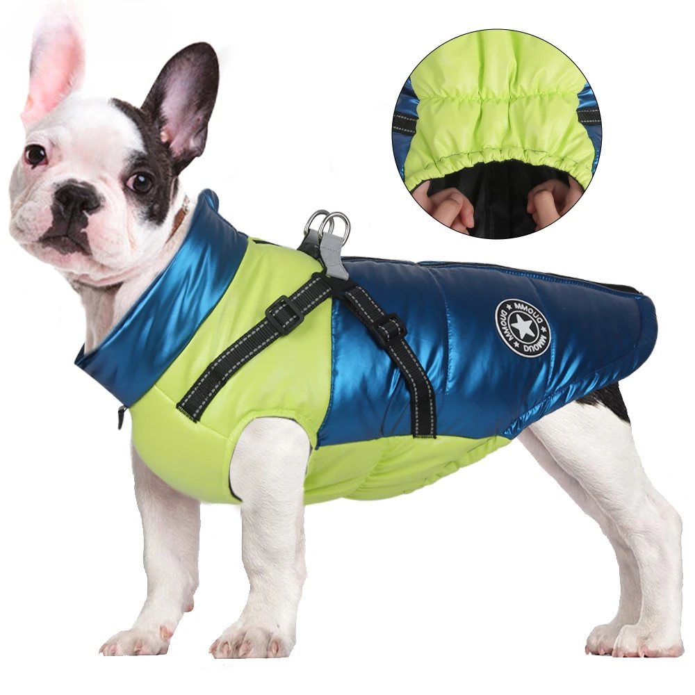 

Winter Dog Down Jacket Waterproof Dog Clothes for Small Dogs Build-in Collar Puppy Jumpsuit Reflective Pet Coat French Bulldog