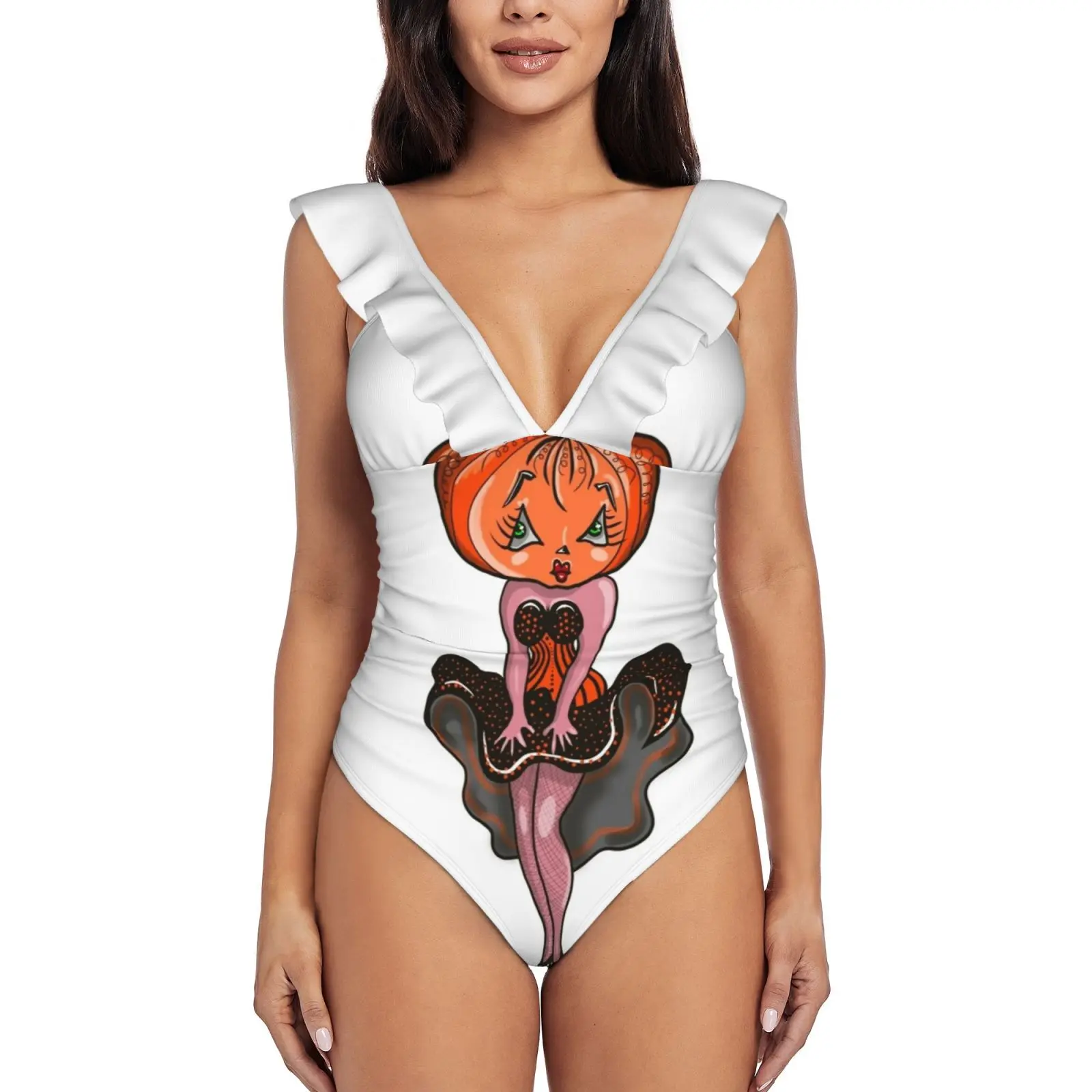 

Patty Pumpkin Is Excited About Halloween! One-Piece Swimsuit Women Ruffle Bathing Suits New Girl Beach Swimwear Pumpkin Fanart