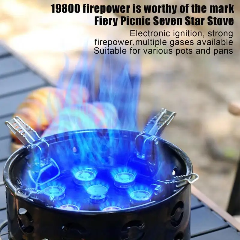 

7 Core Strong Fire Power Camping Stove 19800W BBQ Gas Burner Windproof Outdoor Stoves Hiking Barbecue Tourist Cooking Cookware