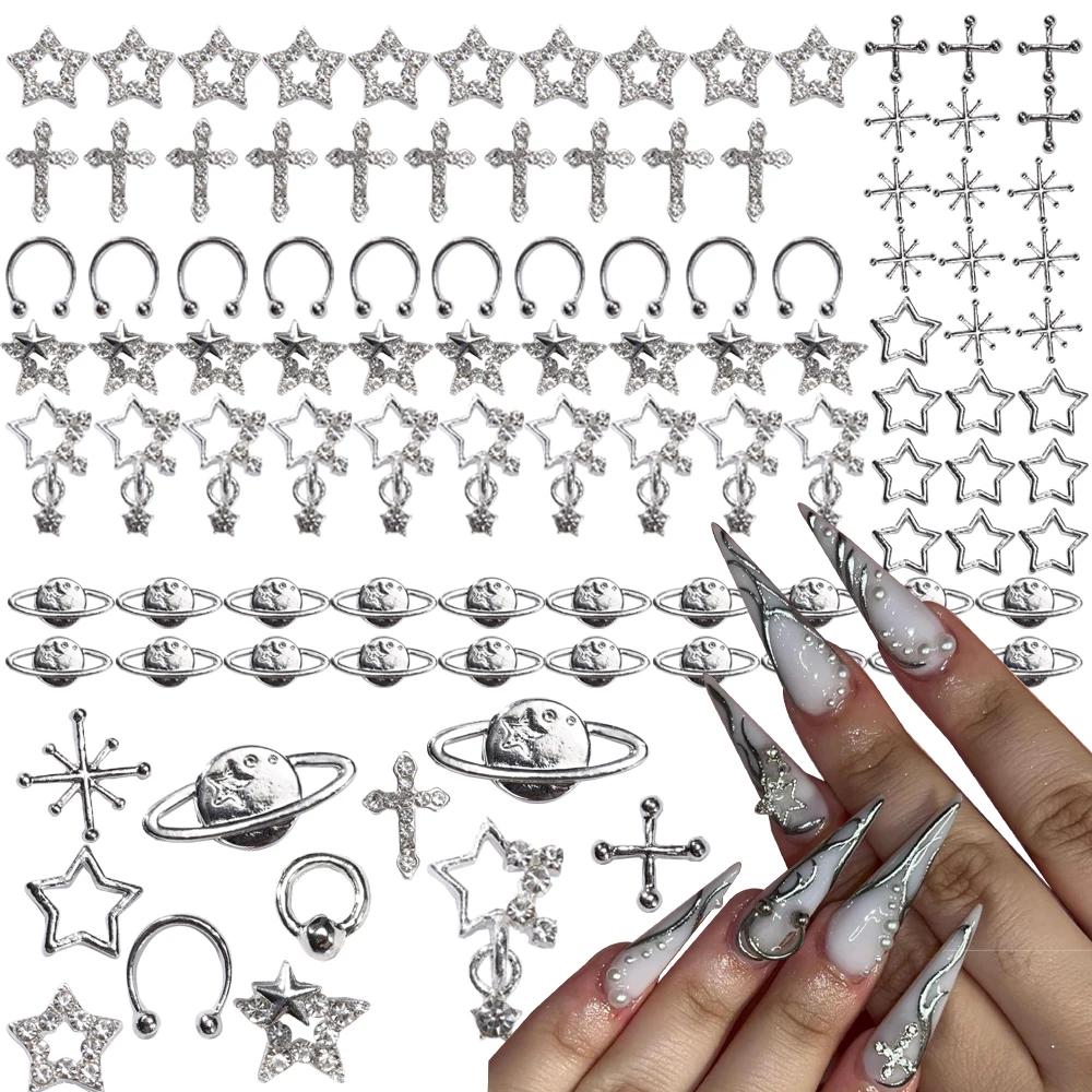 110 Stück Stern Nagel Charms für Acryl nägel, Silber Stern Planet Kreuz Legierung Nail Art Dekoration, Nagels teine Nagel Juwelen Zubehör – Detail 1