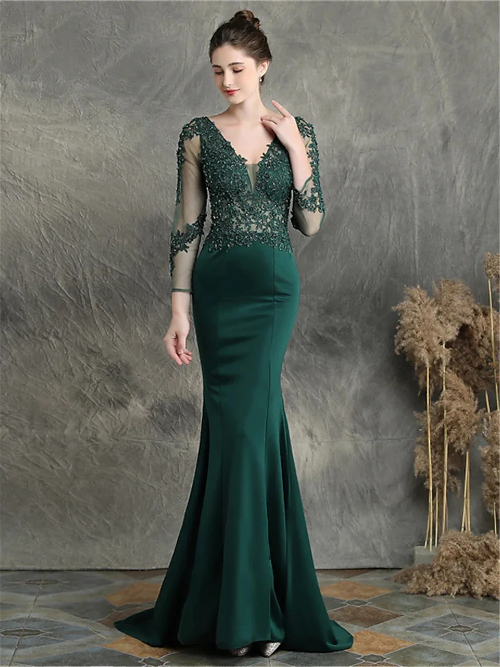 

Mermaid / Trumpet Prom Dresses Elegant Formal Sweep / Brush Train Long Sleeves V Neck Cotton Blend with Beading Appliques 2023