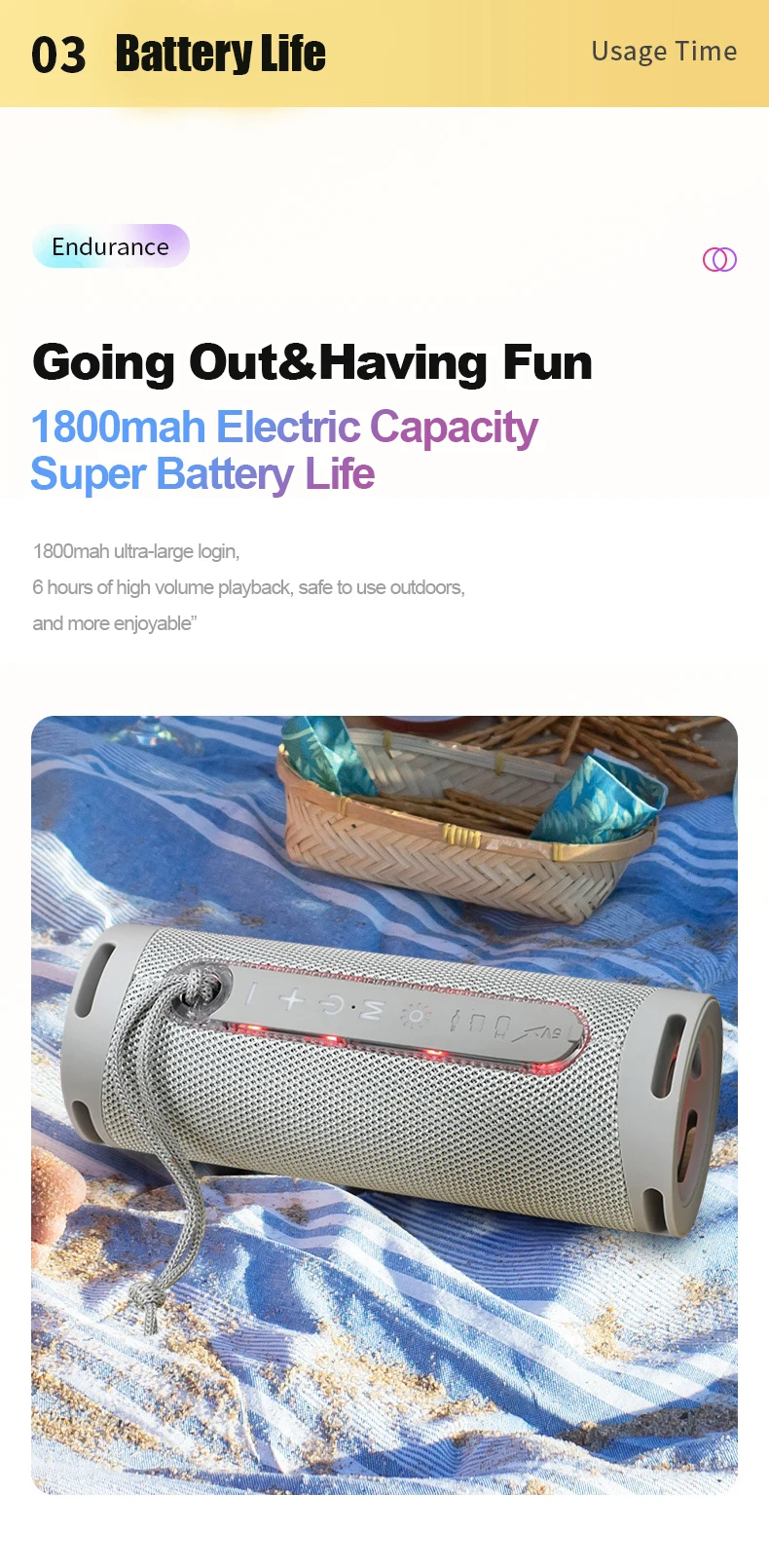 de cor, coluna estéreo, subwoofer impermeável, suporte USB, TF, FM, exterior