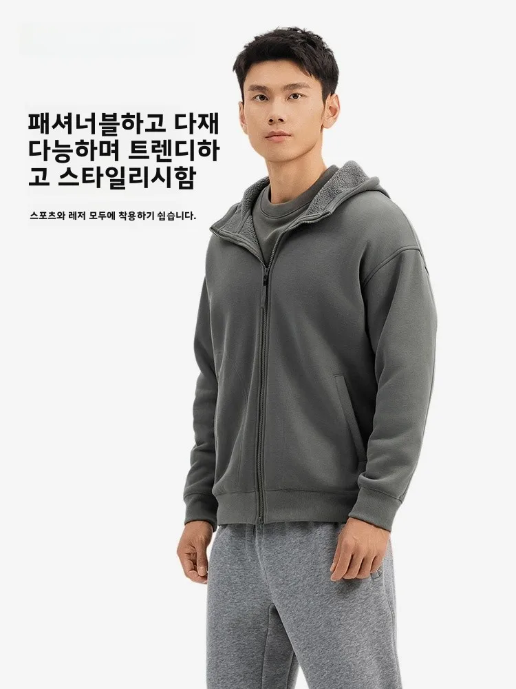 데카테론 플리스 안감 후드 재킷 남성용 겨울 두꺼운 따뜻한 캐주얼 지퍼 오픈 가디건 스웨트셔츠 폴리에스터 섬유
