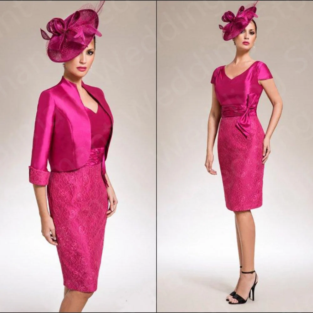 

Charming Short Lace Mother of the Bride Dresses with Jacket Two Pieces V Neck Wedding Guest Dress Knee Length